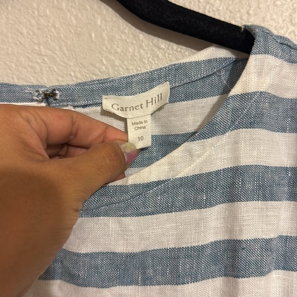 Garnet Hill Seamed Linen Popover Dress Striped White Blue Short Sleeve - Picture 4 of 7